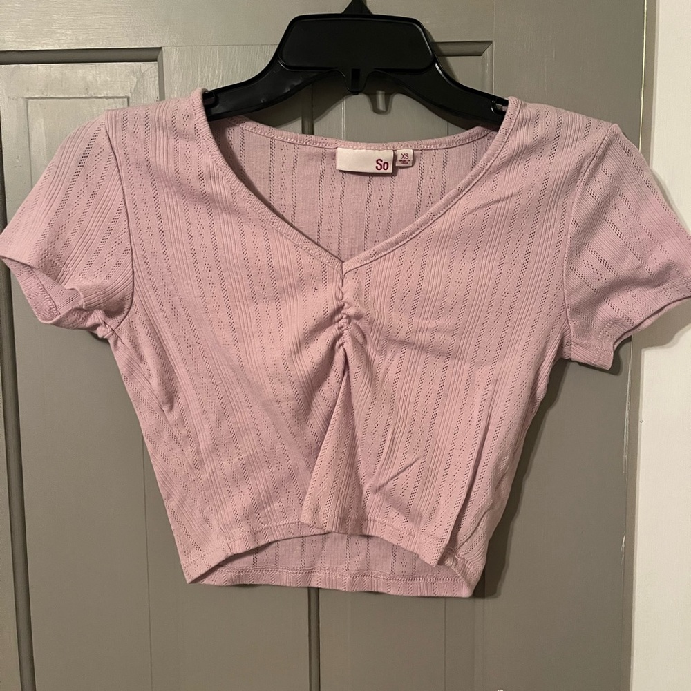 SO purple cropped tee with eyelet detailing and rouching in the front
